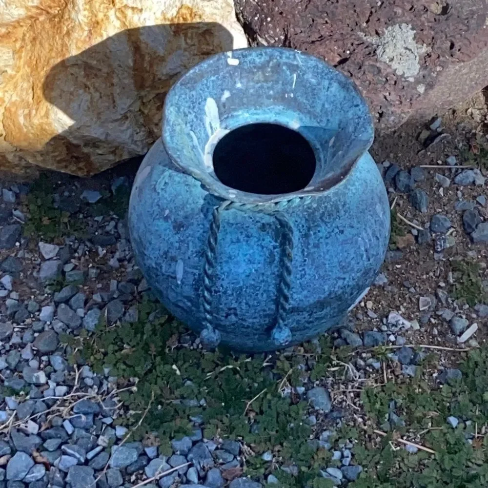 Vintage Handmade Rustic Blue Green Vase with Rope Detail